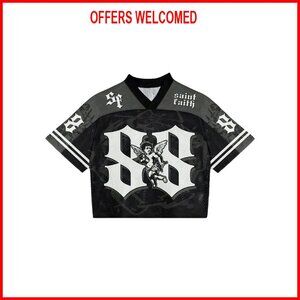 Men's Mesh Jersey V-Neck Graphic Tee Half Sleeve Baggy Streetwear T-Shirt